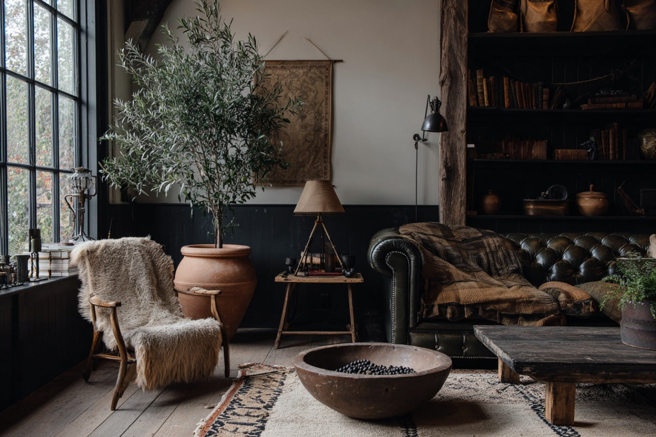 Cozy living room with accent chair draped in sheepskin, leather sofa, rustic coffee table, and large terracotta planter by the window..