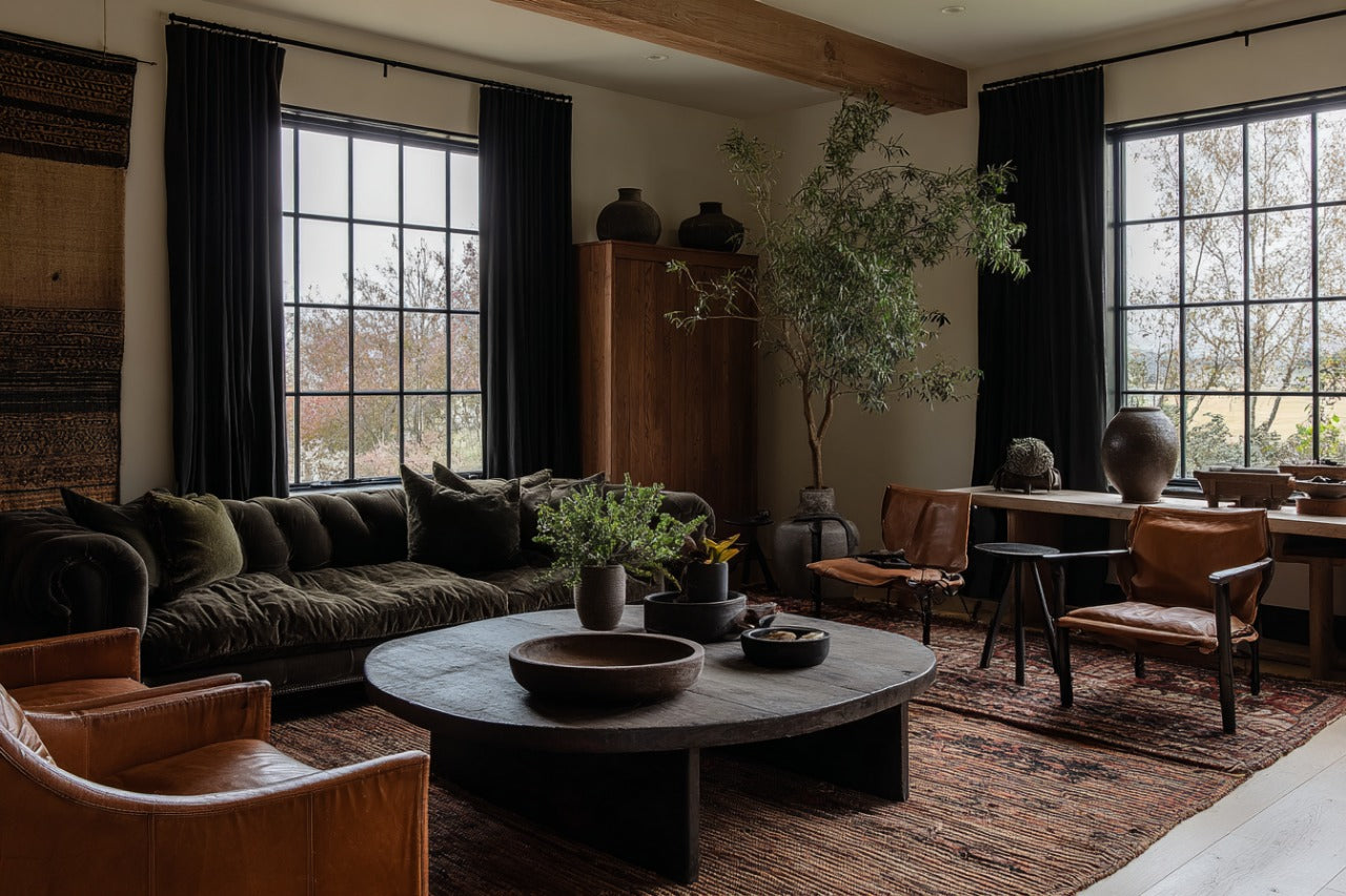 A stylish living room with a velvet sofa, leather armchairs, a round vintage coffee table, and large windows.