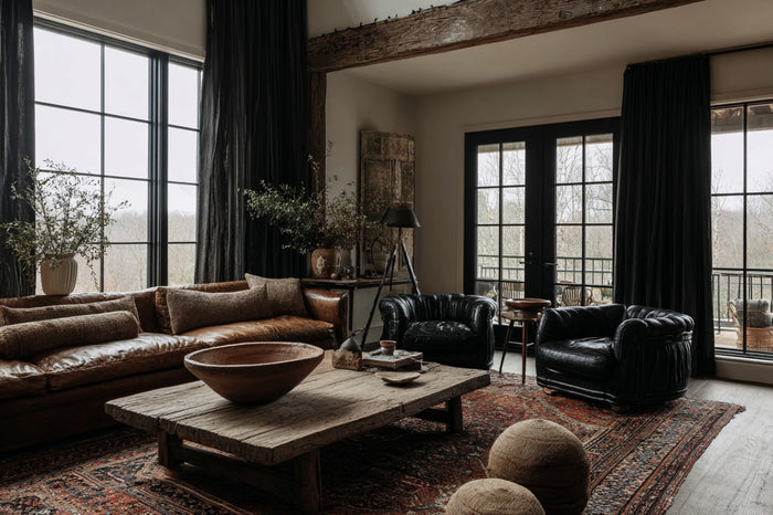 Rustic living room with leather sofa, black armchairs, reclaimed wood coffee table, vintage rug, and large windows with dark curtains.