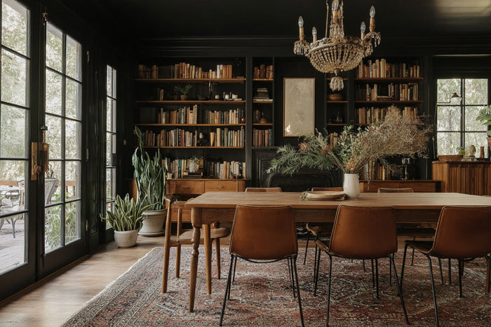 Warm dining room with wooden table, leather chairs, vintage rug, built-in bookshelves, and chandelier, framed by French doors and large windows.