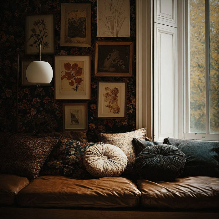 Cozy reading nook with leather bench, patterned throw pillows, botanical wall art gallery, and natural light from tall window.