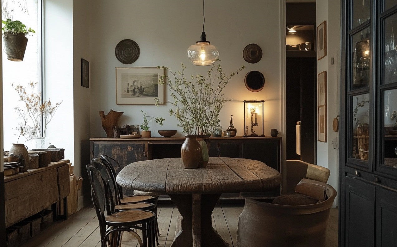 Warm, moody dining room with a rustic round wood table, glass globe pendant light, and natural decor creating a calm, inviting atmosphere near a large window.