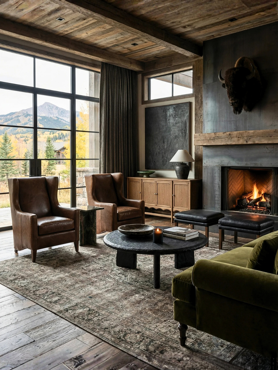 Vintage decor living room with leather armchairs, dark wood coffee table, stone fireplace, and large windows overlooking mountain scenery.