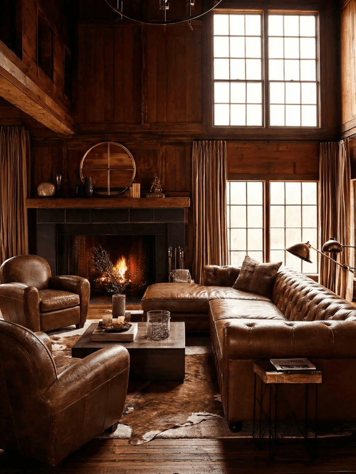 Cozy wood-paneled living room with tall windows, a black fireplace, brown leather sectional sofa, armchairs, and a warm, cabin-style ambiance.