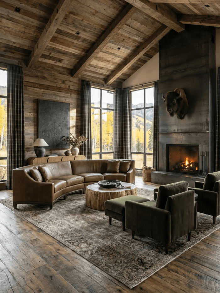Modern rustic living room with vaulted wood ceilings, curved leather sectional, green armchairs, tree-stump coffee table, and fireplace with mountain views through large windows.