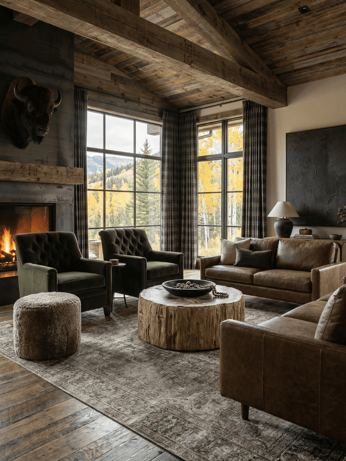 Rustic lodge living room with exposed wood beams, leather sofa, green tufted armchairs, round wood coffee table, and large windows framing a mountain landscape.