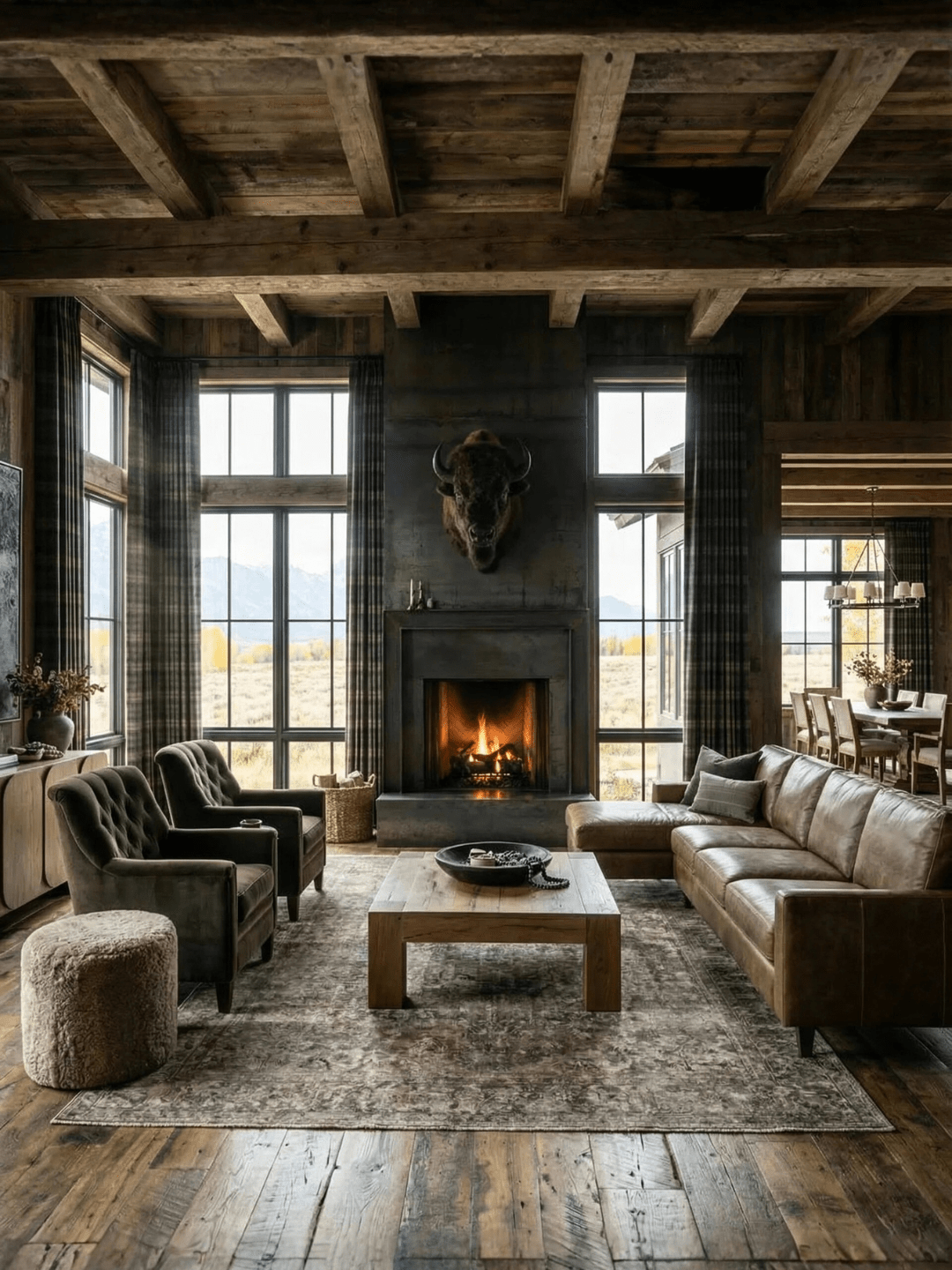 Spacious rustic living room with exposed wood beams, central fireplace topped with mounted bison head, leather sofa, green armchairs, and large windows overlooking an open landscape.