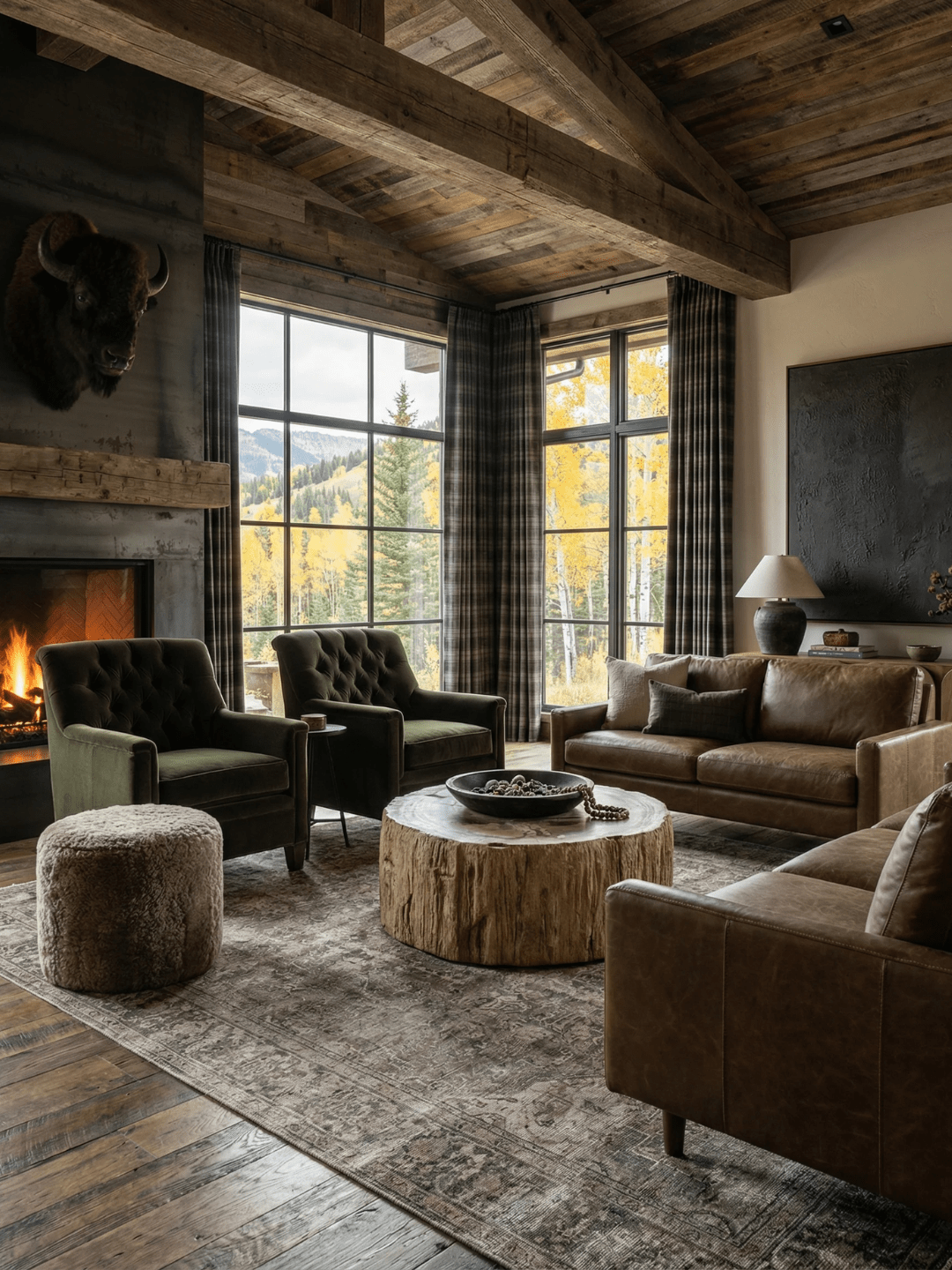 Vintage decor living room with leather sofa, green tufted armchairs, tree-stump coffee table, and large windows framing a mountain view beside a fireplace.
