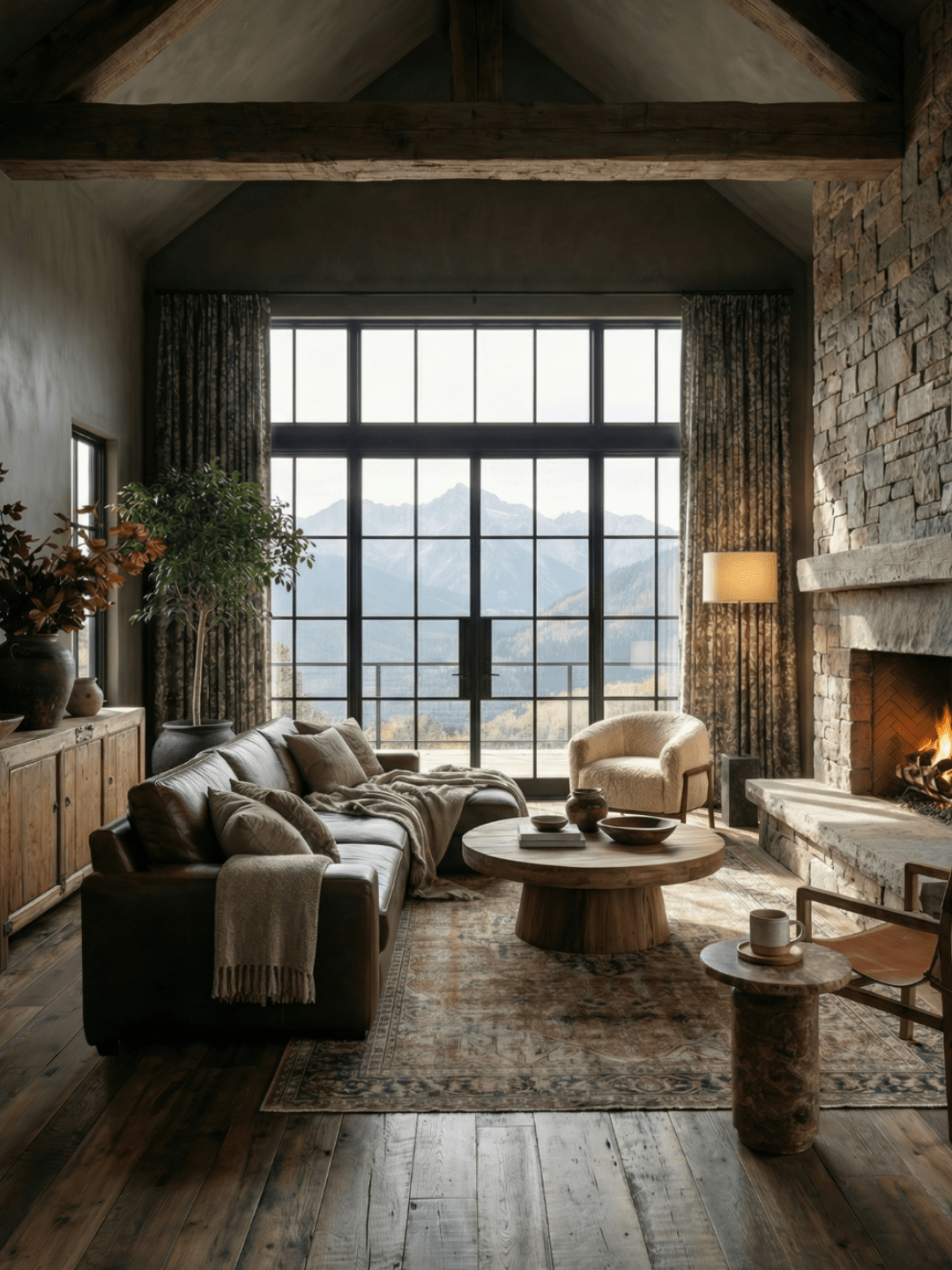 Rustic living room with brown leather sofa, round wood coffee table, stone fireplace, and large windows overlooking a mountain landscape.
