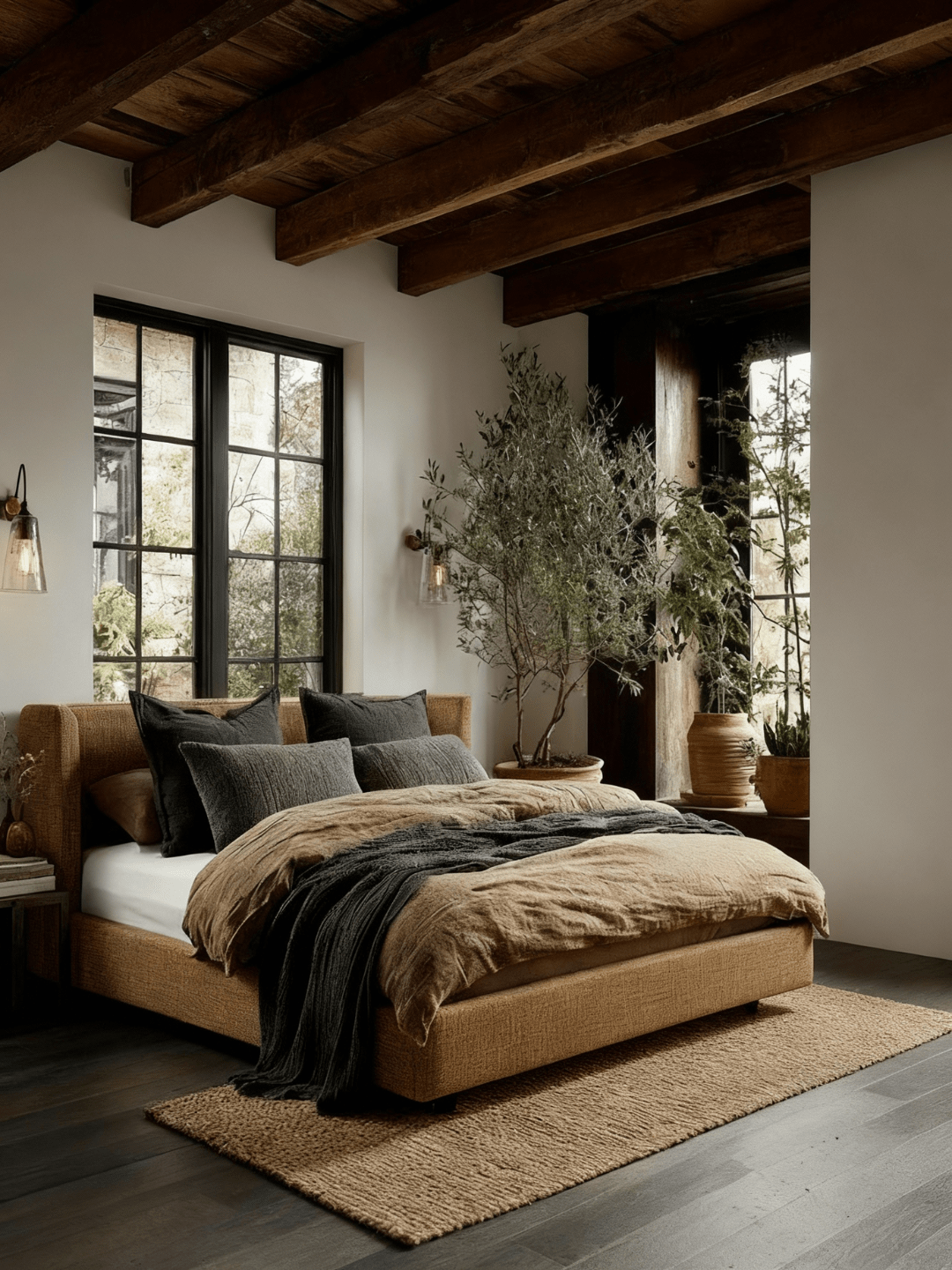 Warm modern rustic bedroom with upholstered platform bed, layered neutral bedding, black accent pillows, indoor olive tree, and exposed wood ceiling beams.