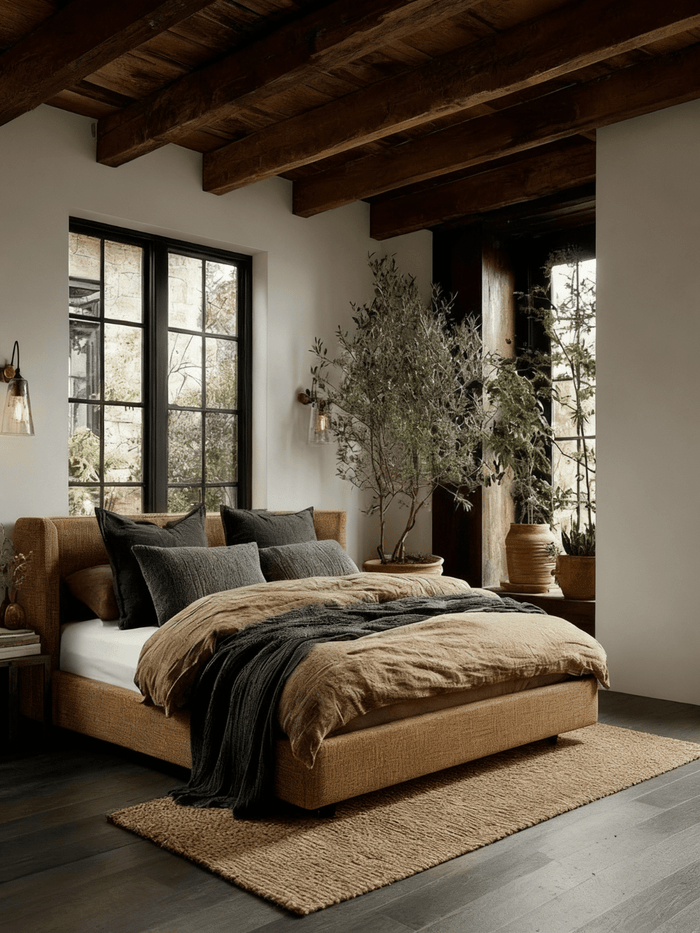 Warm modern rustic bedroom with upholstered platform bed, layered neutral bedding, black accent pillows, indoor olive tree, and exposed wood ceiling beams.
