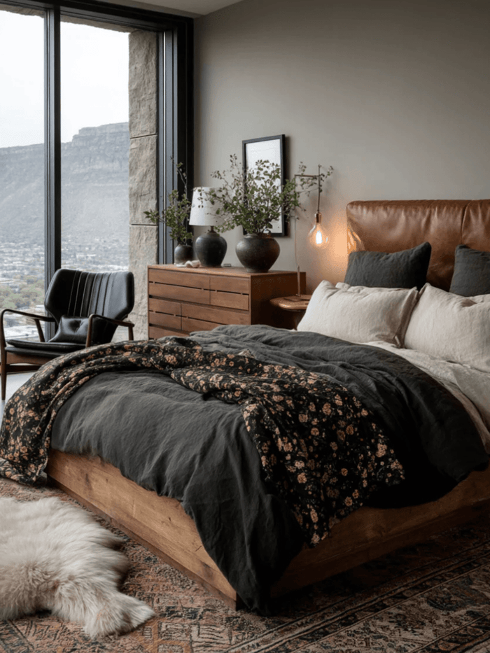 Modern rustic bedroom with leather headboard, black linen bedding, wood platform bed, vintage-style rug, and floor-to-ceiling windows with mountain views.