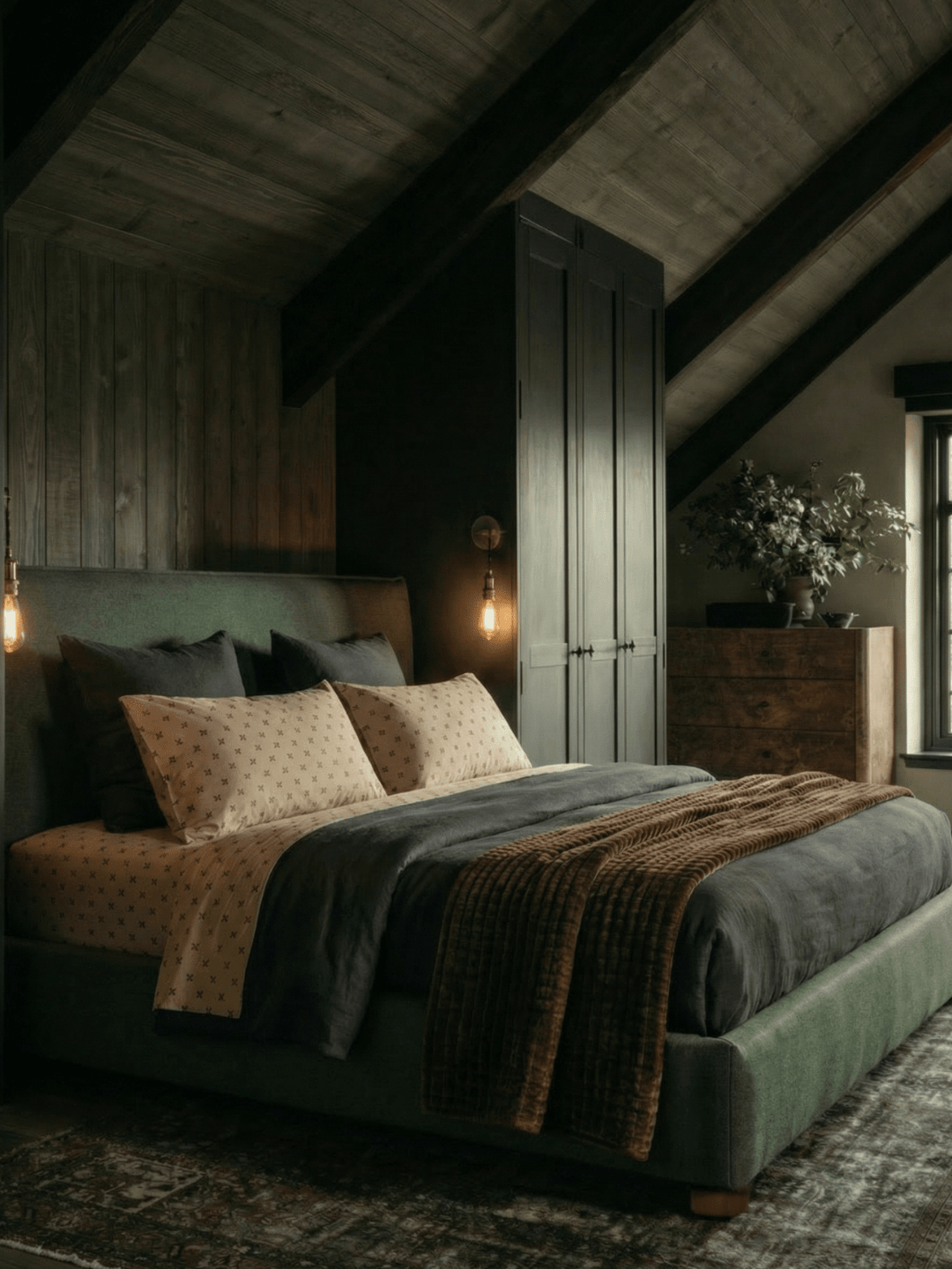 Dark moody bedroom with upholstered green bed frame, layered neutral bedding, pendant bedside lighting, wood-paneled walls, and vaulted ceiling beams.