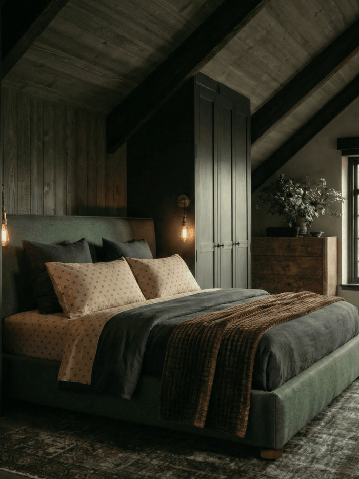 Dark moody bedroom with upholstered green bed frame, layered neutral bedding, pendant bedside lighting, wood-paneled walls, and vaulted ceiling beams.