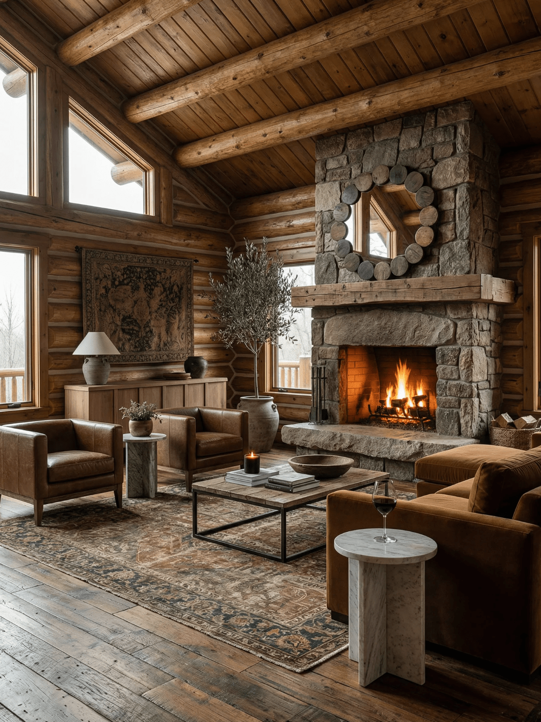 Cozy log cabin living room with stone fireplace, brown leather lounge chairs, rustic wood coffee table, vintage rug, and exposed timber ceiling.