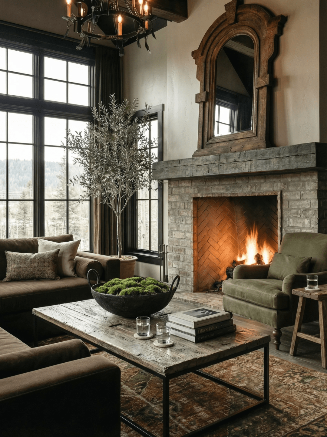 Rustic living room with brick fireplace, reclaimed wood coffee table, green accent chair, leather seating, oversized windows, and vintage-inspired decor.