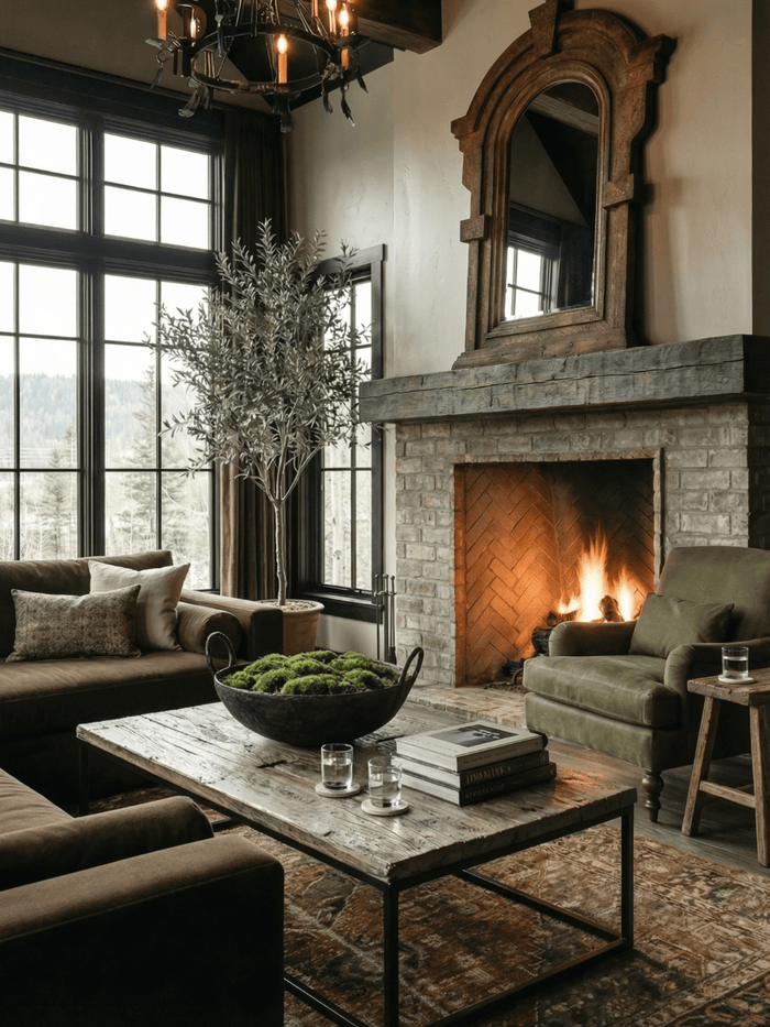 Rustic living room with brick fireplace, reclaimed wood coffee table, green accent chair, leather seating, oversized windows, and vintage-inspired decor.