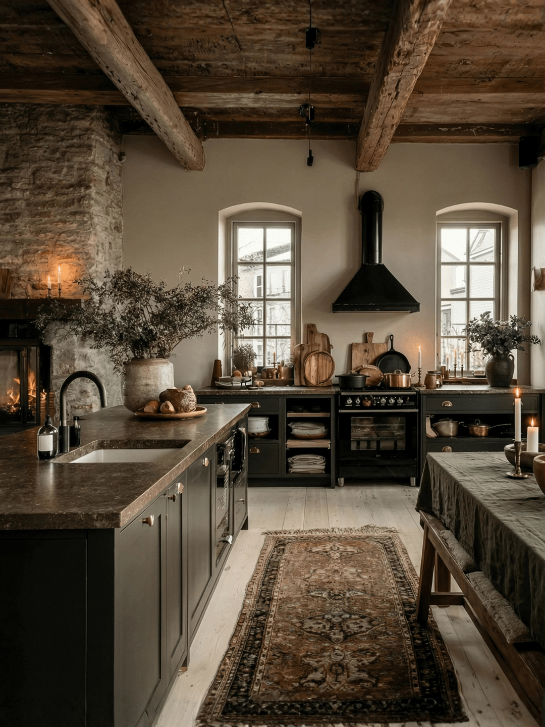 Rustic farmhouse kitchen with dark cabinetry, exposed wood ceiling beams, vintage runner rug, stone fireplace, and warm candlelit dining table.