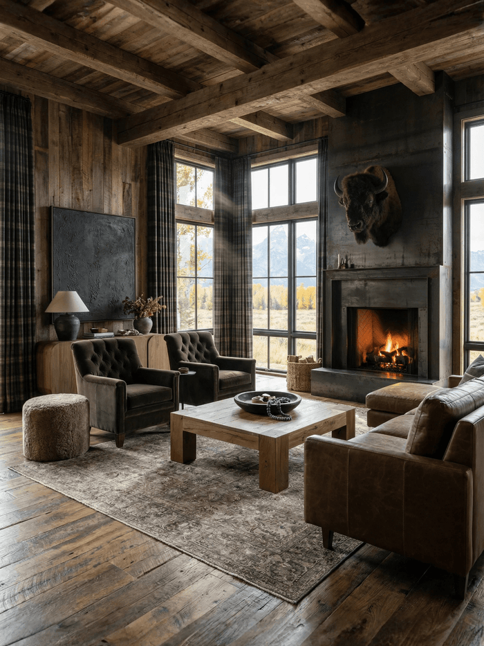 Modern rustic living room with exposed timber ceiling beams, black steel fireplace, mounted bison head, leather sofa, green velvet chairs, and oversized windows overlooking mountain scenery.