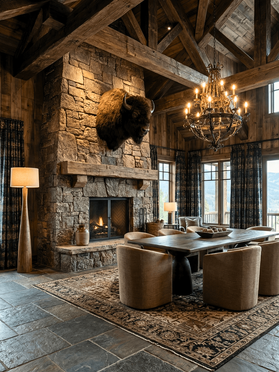 Grand mountain lodge dining room with exposed timber trusses, oversized stone fireplace, mounted bison head, wrought iron chandelier, dark wood dining table, and upholstered barrel dining chairs.