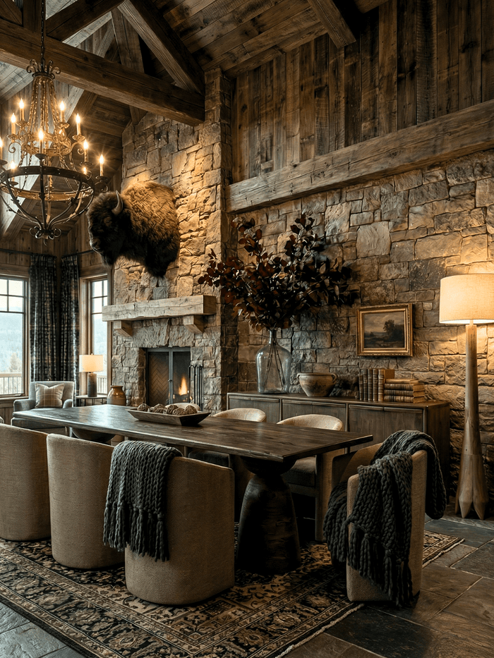 Rustic dining room featuring a solid wood dining table surrounded by mismatched dining chairs with upholstered barrel-back seating, set against a stone fireplace with a mounted bison head. Exposed timber beams, a wrought iron chandelier, vintage-style rug