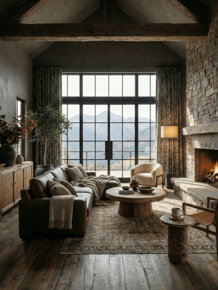 Rustic living room with a round wood coffee table, leather sofa, stone fireplace, and floor-to-ceiling windows overlooking mountain views.