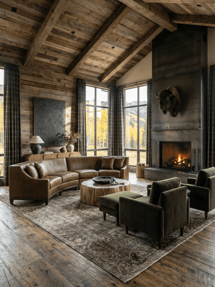 Rustic living room with a round wood coffee table, curved leather sofa, green accent chairs, and a modern fireplace framed by reclaimed timber and mountain views.
