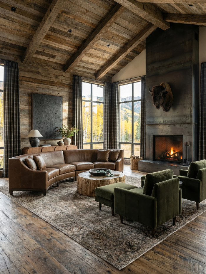 Rustic living room with a round wood coffee table, curved leather sofa, green accent chairs, and a modern fireplace framed by reclaimed timber and mountain views.