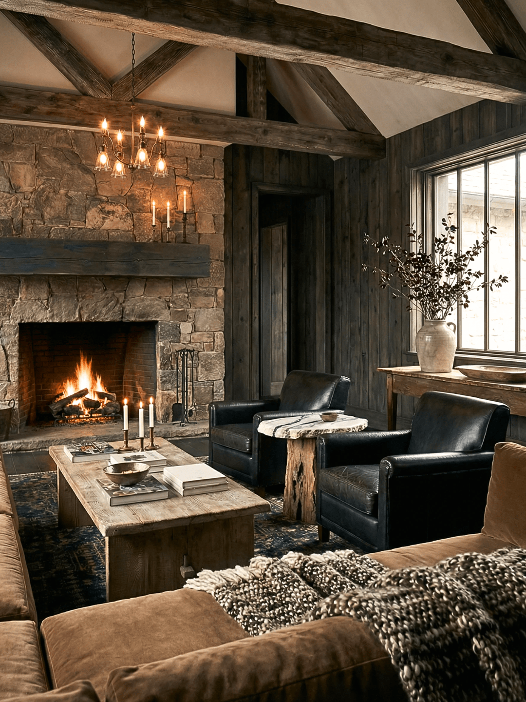 Cozy rustic living room with exposed wood beams, stone fireplace, black leather lounge chairs, wood coffee table, candle accents, and warm layered textures throughout.