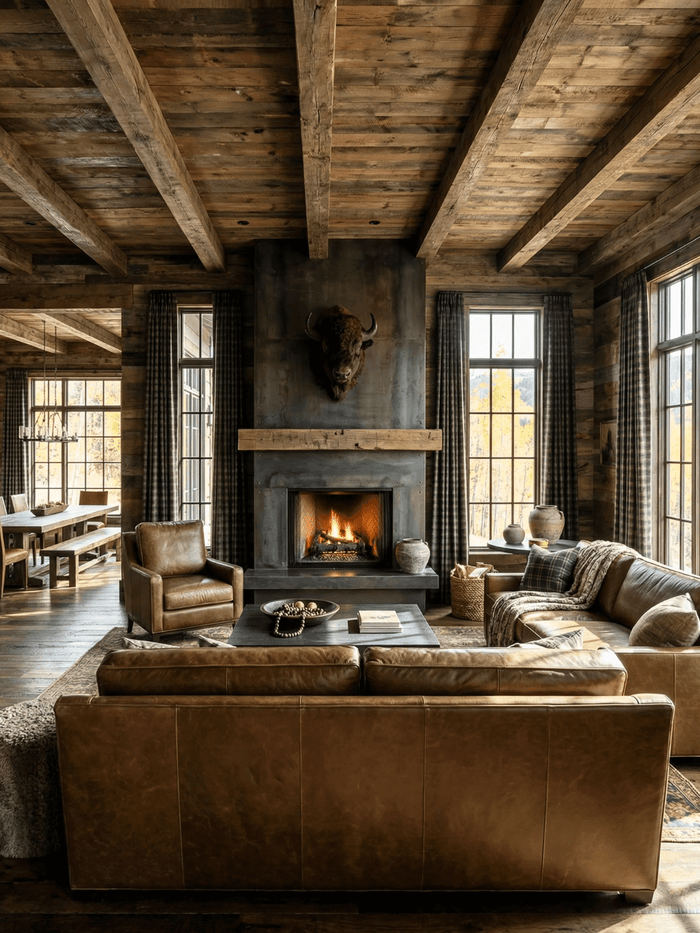 Rustic mountain living room with leather sectional sofas, exposed wood beam ceiling, black fireplace with mounted bison head, large windows, and warm natural light.