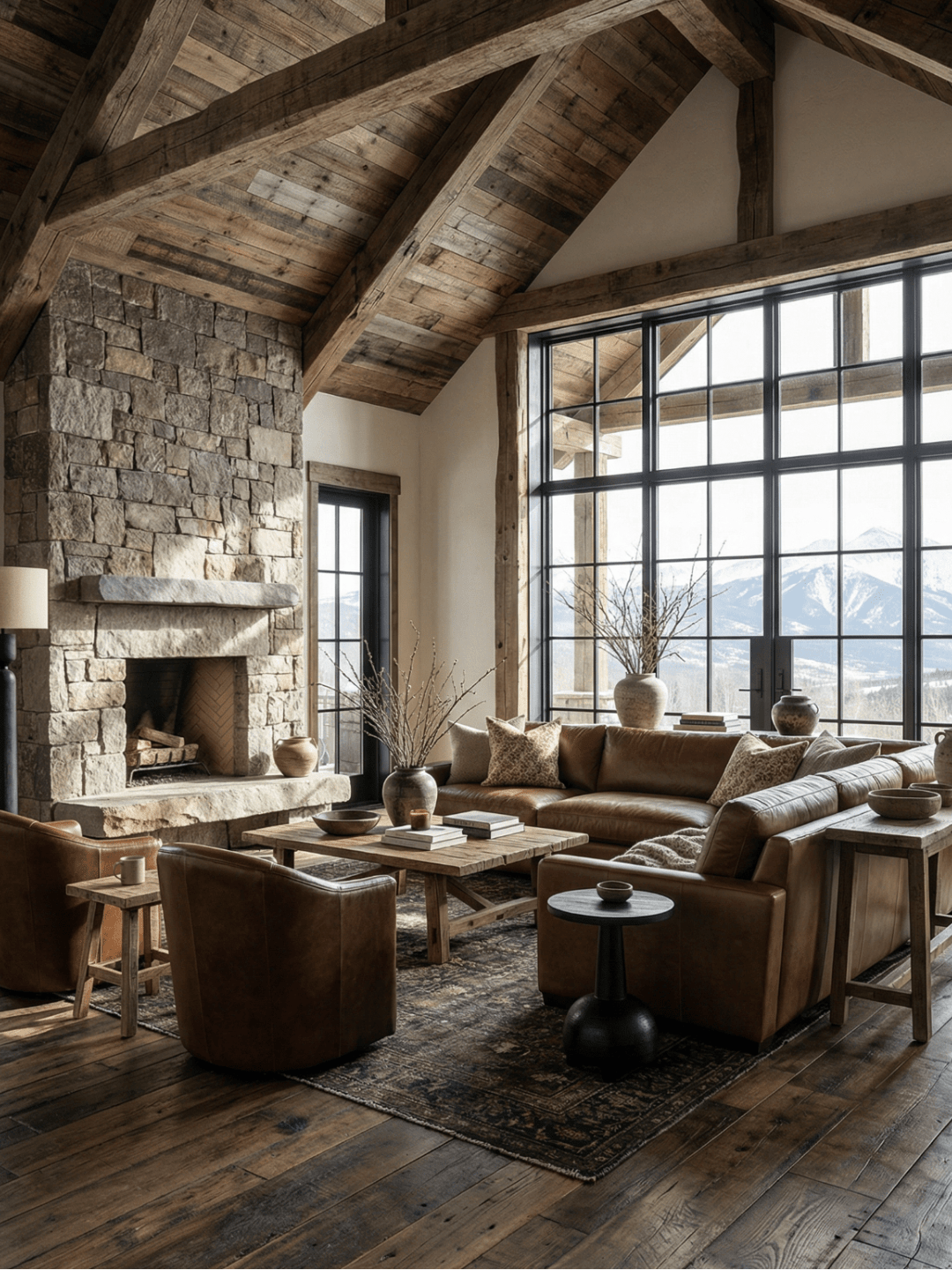Modern mountain living room with vaulted wood beam ceilings, stone fireplace, brown leather seating, large black-framed windows, and snowy mountain views.