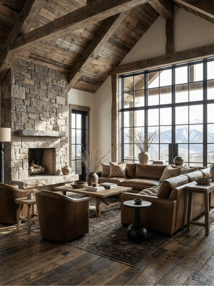 Modern mountain living room with vaulted wood beam ceilings, stone fireplace, brown leather seating, large black-framed windows, and snowy mountain views.