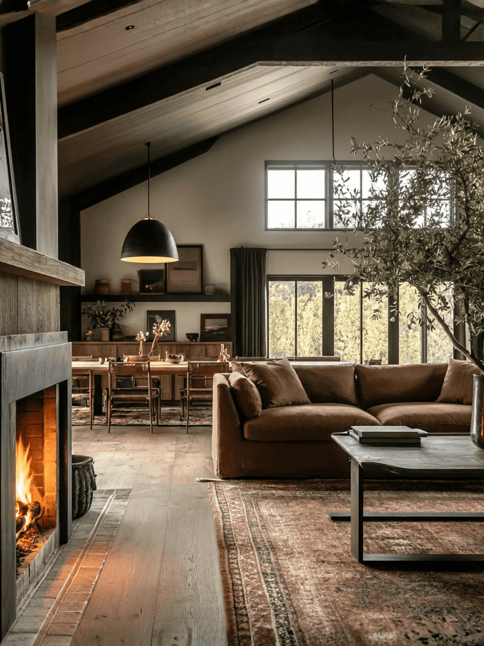 Warm modern rustic living room with fireplace, brown sectional sofa, black pendant lighting, wood ceiling beams, and open dining area with large windows.