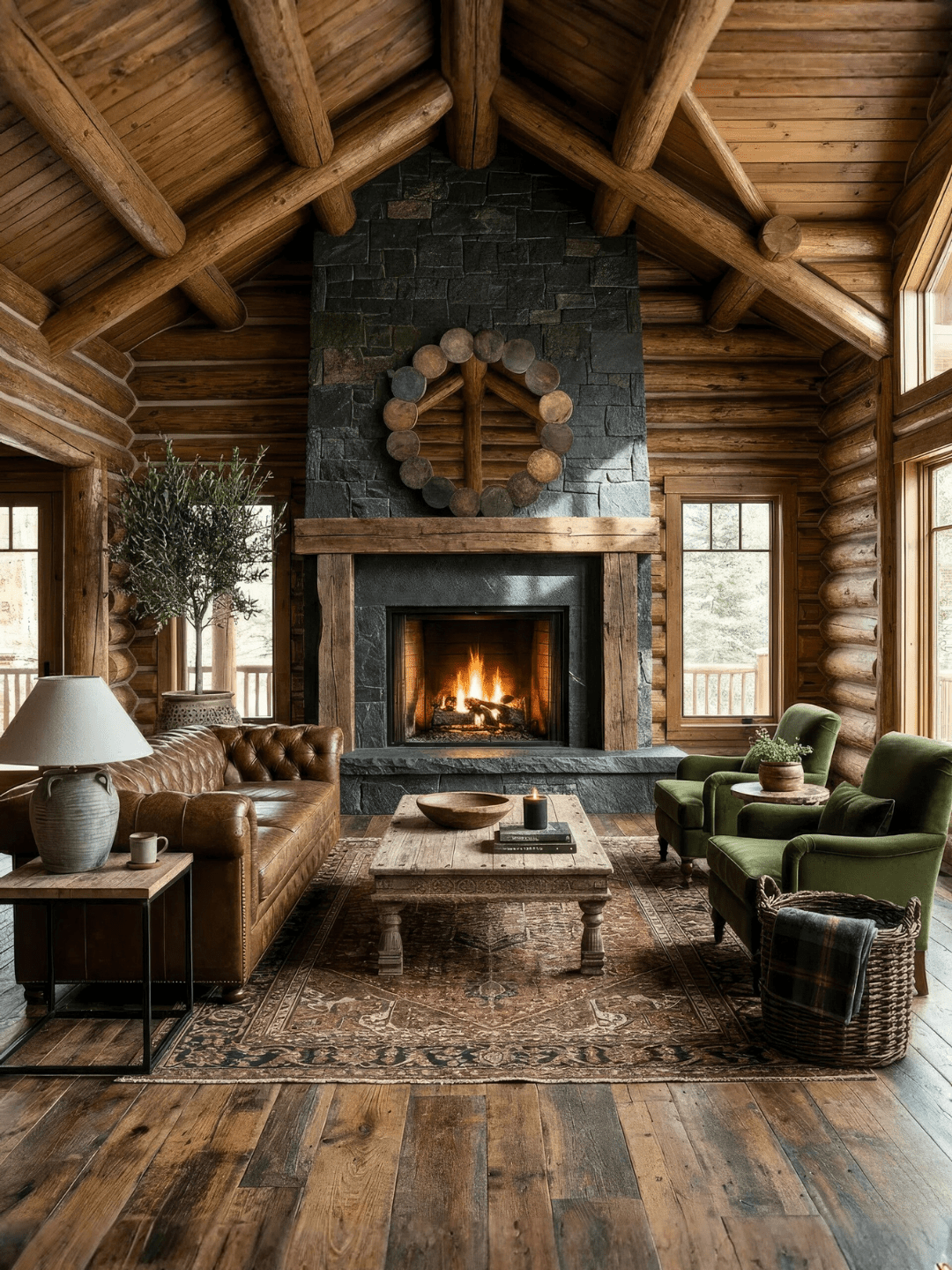 Rustic log cabin living room with a stone fireplace, tufted brown leather sofa, green velvet armchairs, reclaimed wood coffee table, and exposed timber beams.