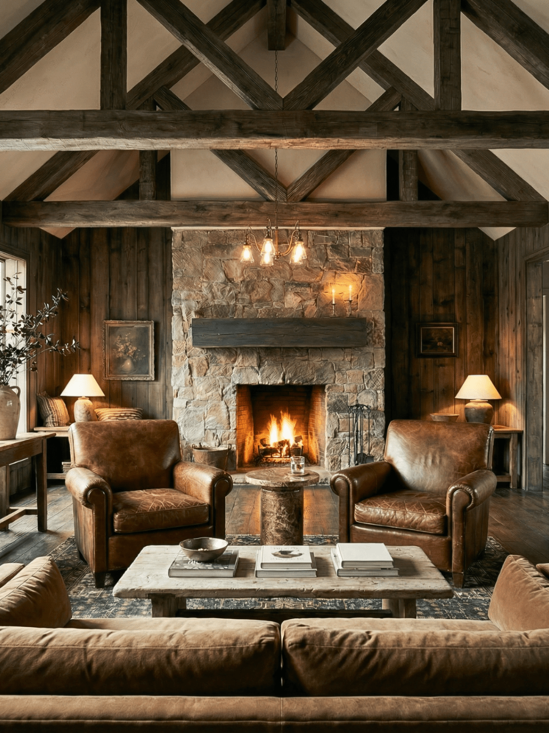 Cozy rustic living room with exposed timber trusses, stone fireplace, brown leather armchairs, warm lighting, and wood-paneled walls in a mountain lodge setting.