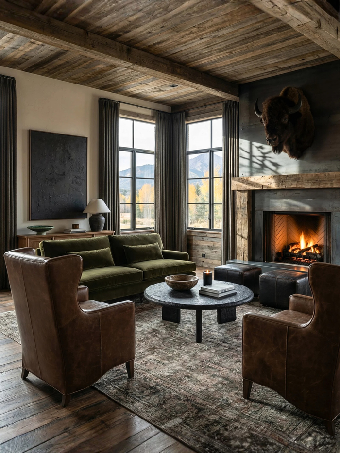 “Modern mountain lodge living room with a green velvet sofa, leather wingback chairs, round black coffee table, fireplace with mounted bison head, and large windows overlooking mountain scenery.