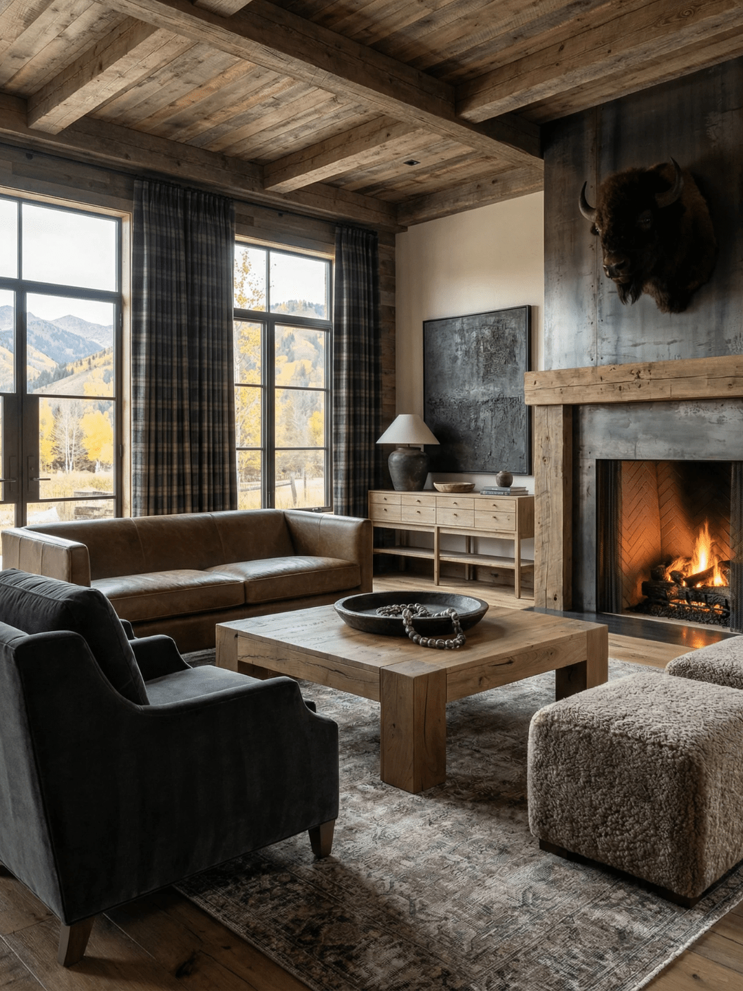 Rustic mountain lodge living room with exposed wood beam ceilings, leather sofa, dark accent chair, boucle ottoman, wood coffee table, fireplace with mounted bison head, and large windows overlooking autumn mountain scenery.
