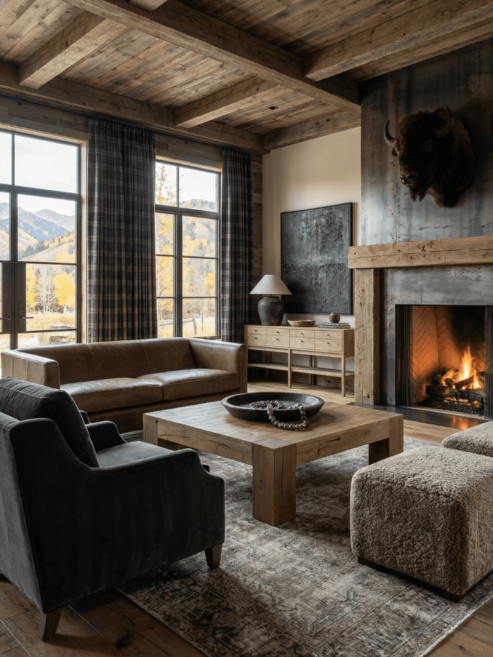 Rustic mountain lodge living room with exposed wood beam ceilings, leather sofa, dark accent chair, boucle ottoman, wood coffee table, fireplace with mounted bison head, and large windows overlooking autumn mountain scenery.