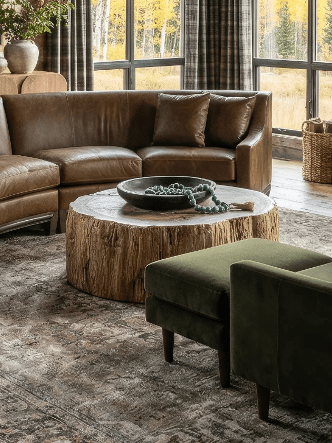 Round reclaimed wood stump coffee table styled with a decorative bowl and beaded accent, surrounded by a brown leather sectional, green velvet lounge chair, and vintage-inspired area rug in a rustic mountain living room with large windows.