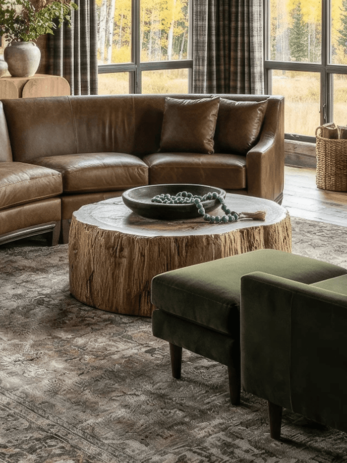 Round reclaimed wood stump coffee table styled with a decorative bowl and beaded accent, surrounded by a brown leather sectional, green velvet lounge chair, and vintage-inspired area rug in a rustic mountain living room with large windows.