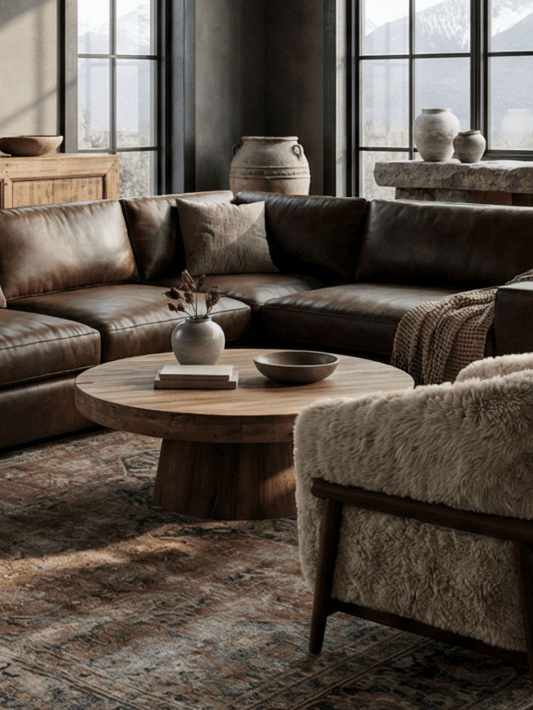 “Round solid wood coffee table styled with a ceramic vase and decorative bowl, centered between a brown leather sectional and a shearling accent chair on a vintage-pattern rug in a warm rustic living room with mountain views.