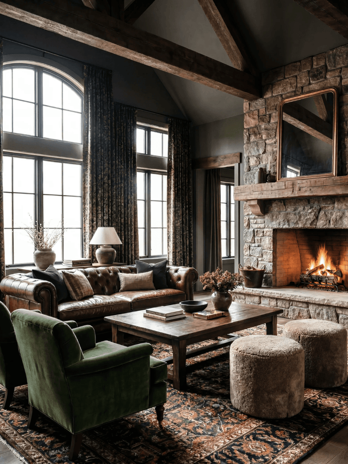 Rustic mountain living room with a stone fireplace, reclaimed wood beams, tufted brown leather sofa, green velvet accent chair, wood coffee table, and textured ottomans layered over a vintage-pattern rug beneath tall arched windows.