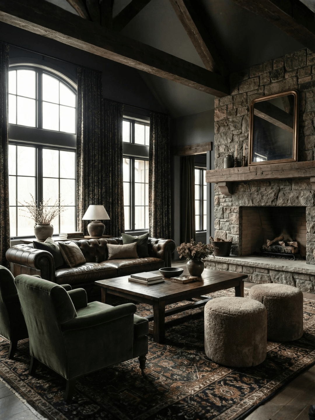 Moody rustic living room with a stone fireplace, oversized wood mantel, tufted brown leather Chesterfield sofa, green velvet armchairs, wood coffee table, and plush ottomans layered over a richly patterned vintage rug beneath soaring arched windows.