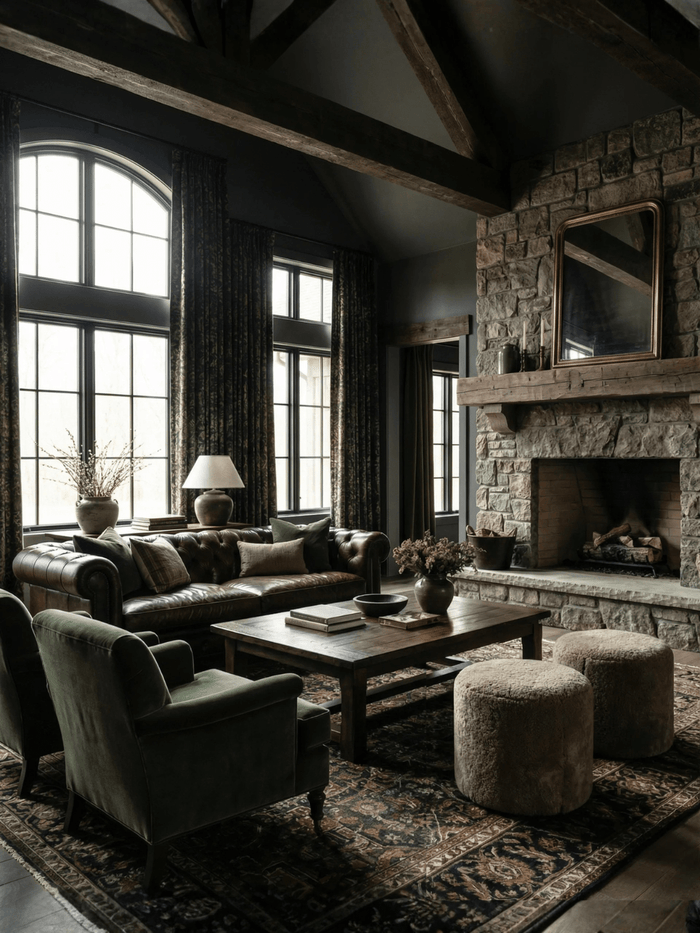 Moody rustic living room with a stone fireplace, oversized wood mantel, tufted brown leather Chesterfield sofa, green velvet armchairs, wood coffee table, and plush ottomans layered over a richly patterned vintage rug beneath soaring arched windows.