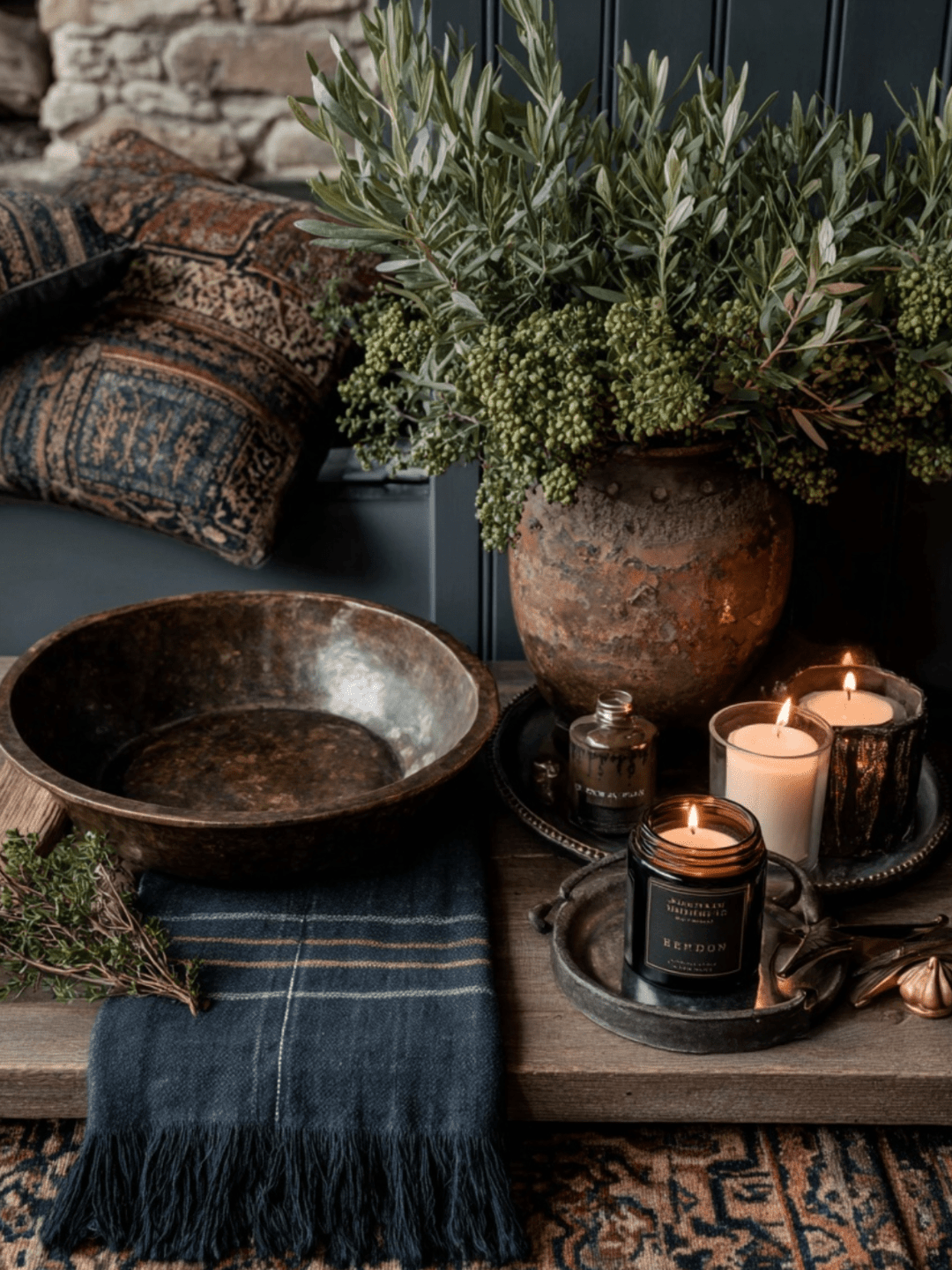 Rustic tabletop styling with a weathered metal bowl, olive branches in an aged terracotta vessel, lit candles, and a fringed plaid throw layered over a vintage-pattern rug, creating a warm and collected cabin-inspired vignette.