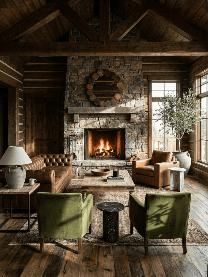 Rustic log cabin living room with a floor-to-ceiling stone fireplace, tufted brown leather sofa, green velvet accent chairs, reclaimed wood coffee table, and vintage area rug, framed by exposed timber beams and large windows that bring in natural light.
