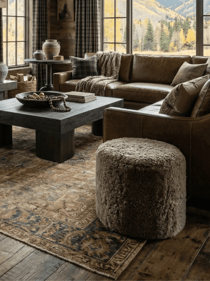 Close-up of a rustic living room featuring a brown leather sectional, charcoal wood coffee table, plush shearling ottoman, and vintage-pattern rug, styled with layered textiles and natural decor against large windows overlooking a mountain landscape.
