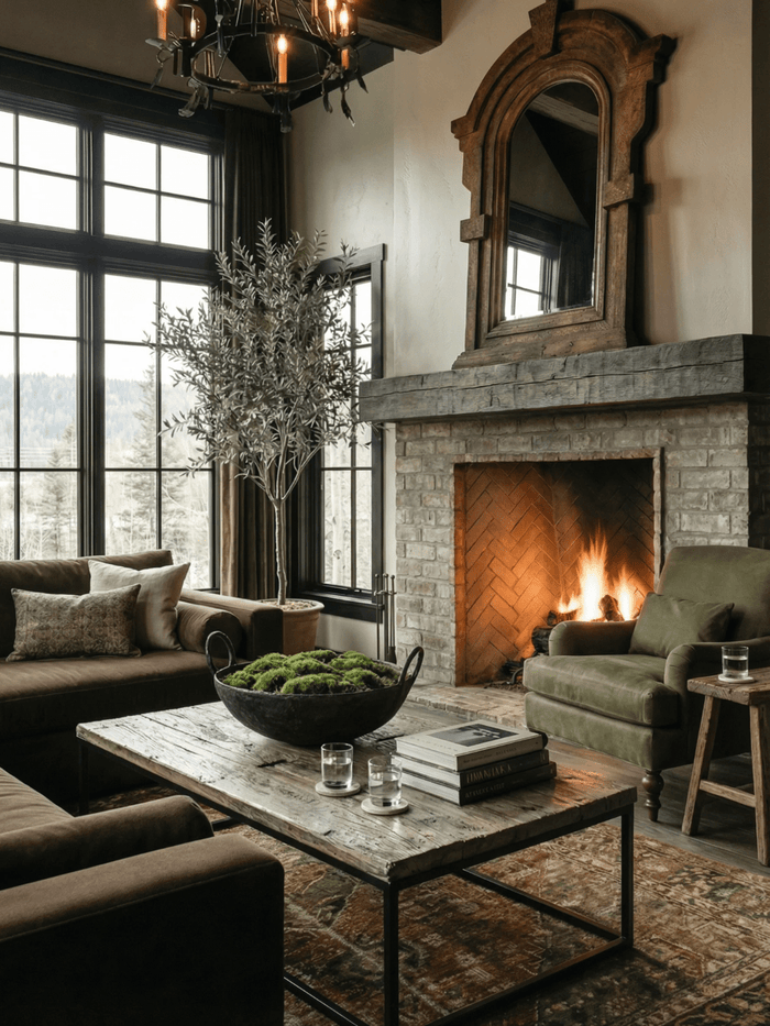 Rustic living room with stone fireplace, large black-framed windows, reclaimed wood coffee table, green accent chair, and cozy modern farmhouse decor.