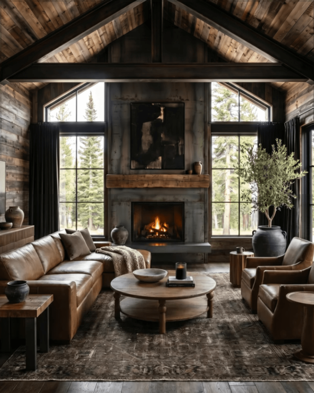 Rustic mountain living room with vaulted timber ceilings, a modern fireplace, brown leather sofa and armchairs, round wood coffee table, vintage-inspired rug, and oversized windows framing forest views for a warm, cozy retreat.