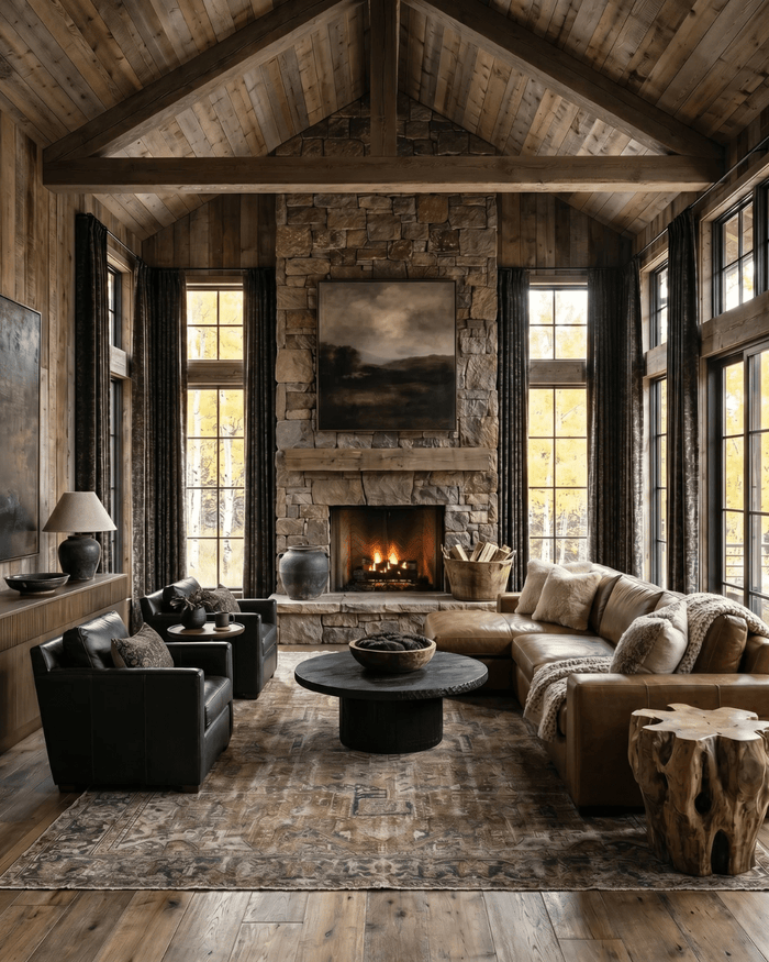 Rustic mountain lodge living room with a floor-to-ceiling stone fireplace, vaulted timber ceilings, brown leather sectional, black accent chairs, round black coffee table, textured vintage rug, and tall windows filling the space with natural light.